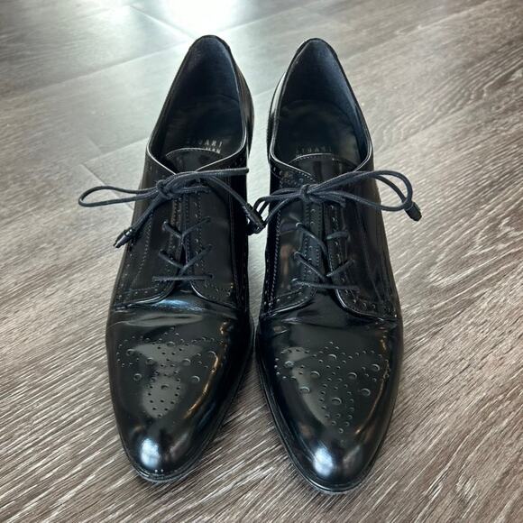 EUC Stuart Weitzman Thomas Black Patent Leather Oxford Heels 8 M Lace Up Brogue - Picture 14 of 16